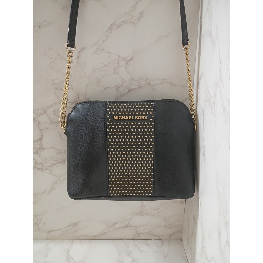 MICHAEL KORS Cindy Black Leather w/ Micro Gold Stud Dome Crossbody Bag - EUC‎